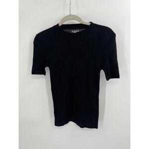 Ossa Womens Black 100% Australian Merino Wool Ribbed Short Sleeve Top Size L NWT